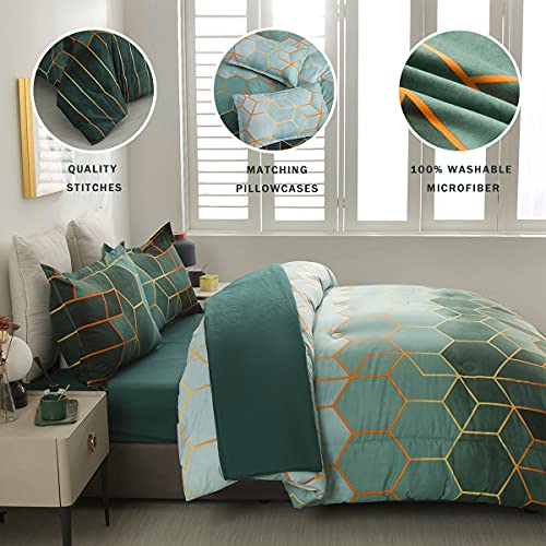 Yearning 5Pc Green Comforter Set King Size Geometric Bedding Sets Soft Microfiber With Quilt, Fitted Sheet, Flat Sheet And 2 Matching Pillowcase #TOP1
