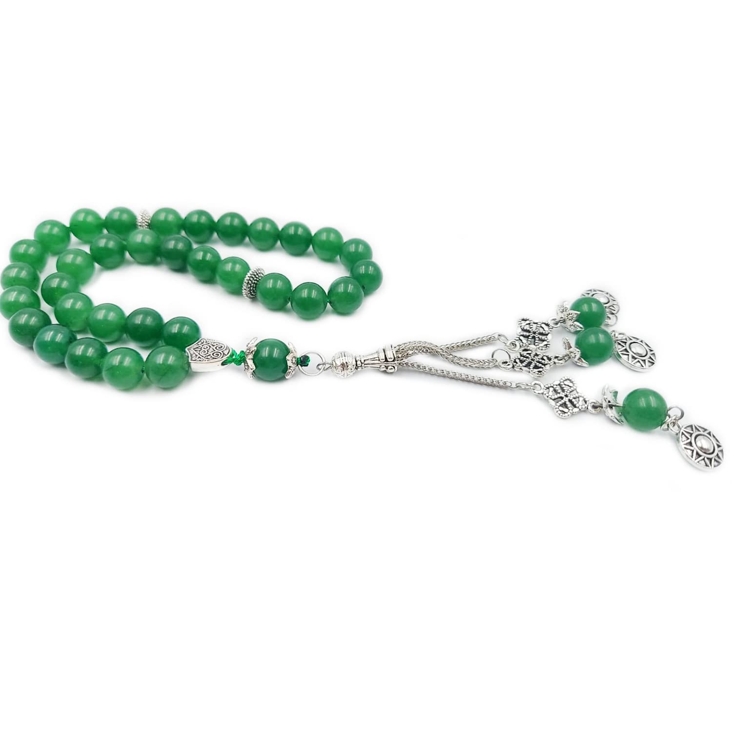 REBUY Green Jade Tasbih with Silver Tassle 33 Beads| Natural Crystal Healing stone Misbaha Tasbih for Men & Women| Islamic Religious Prayer Stone for Spiritual Meditation & Good Luck| Beads Size:10mm