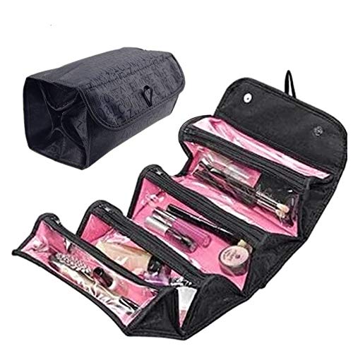 Beauty Case a 4 Strati Arrotolabile, Astuccio per Cosmetici e Trucco di Grande capacità, Borsa da Viaggio Pieghevole con Gancio per appenderlo.