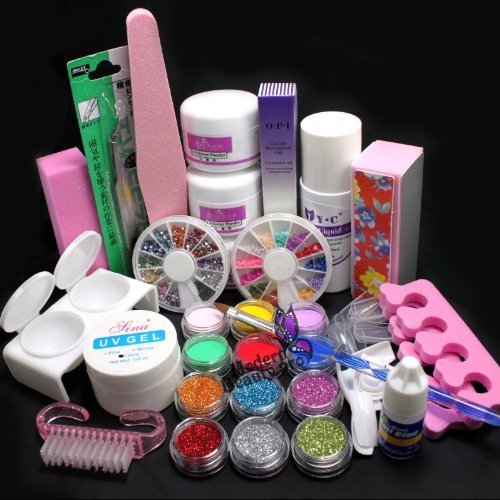 21 in 1 Pro Nail Art Uv Gel Kit Brush Buffer Tool Nail Tips Glue Acrylic Powder Glitter Buffer Block Sanding File Set #189