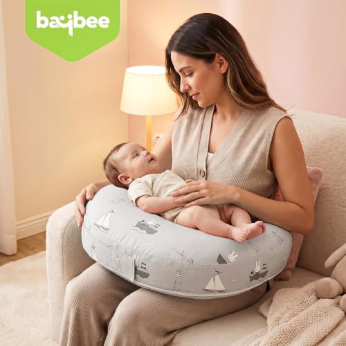 Image of BAYBEE Feeding Pillow for New Born Baby with Foldable Breastfeeding Cover | Feeding Cover for Nursing Mom with Adjustable Velcro & Back Support | Nursing Pillow with Removable & Washable (Grey)