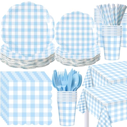 Image of Funnymoom 452 Pcs Blue Gingham Party Supplies for 50 Guests Include White and Blue Checkered Paper Plates Napkins Cups Tablecloth Cutlery Straws for Birthday Baby Shower Wedding Party Decorations
