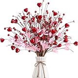 Valentine’s Day Gifts 12 Pcs Heart Shaped Berry Picks Artificial Red Heart Berry Twigs Forsythia Stem Branches with Pink Flowers for Valentine’s Day Anniversary Flower Bouquets Wedding Home Decor