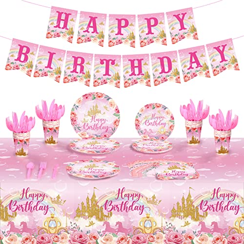 Nuanchu 172 Pcs Princess Birthday Party Supplies Serves 24 Include Princess Castle Tablecloth Pink Princess Birthday Banner Princess Party Plates And Napkins Tableware Set For Girls Princess Theme Decorations cover