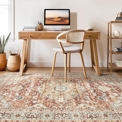9x12 Area Rug Living Room: Machine Washable Boho Large Vintage Soft Rugs Stain Resistant Farmhouse Oriental Non Slip Indoor Floor Carpet for Bedroom Nursery Kids Playroom Office Dining Room- Red Brown