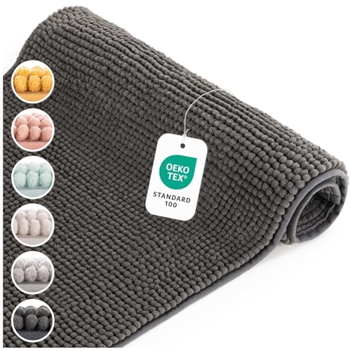 Blumtal Chenille Badezimmerteppich, Badematte rutschfest – Weicher waschbarer Badvorleger, saugfähiger Badteppich, Oeko-TEX Zertifiziert, 50x80 cm, Dunkelgrau