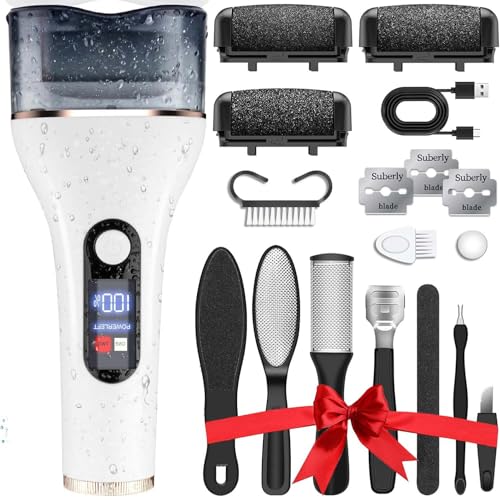 Electric Foot Callus Remover, Portable Electric Foot File with 15 in 1 Professional Pedicure Kits,Rechargeable Pedicure Tools for Foot Care, Waterproof Remover Cracked Feet & Dead Skin, Gift (White)