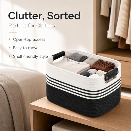 Image of Cotton Rope Laundry Basket Small, 12.8GAL Collapsible Woven Storage Baskets for Living Room Kids Toys Stuffed Animal,Boho Rectangular Decorative Short Hamper for Dirty Clothes, Blankets White Black