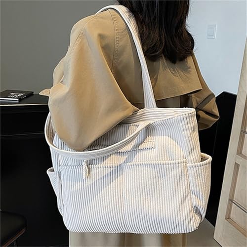 Image of Corduroy Tote Bag for Women, Multiple Pockets Large Hobo Shoulder Bag for Office & Shopping, Zipper Casual Handbags
