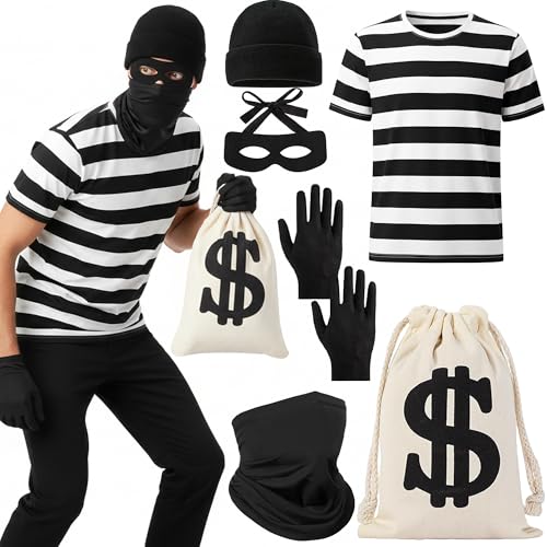 Xietaea Juego de disfraz de ladrón de bancos para hombre con camiseta, guantes, máscara para ojos, sombrero, máscara de dinero, disfraz para carnaval, Halloween, cosplay