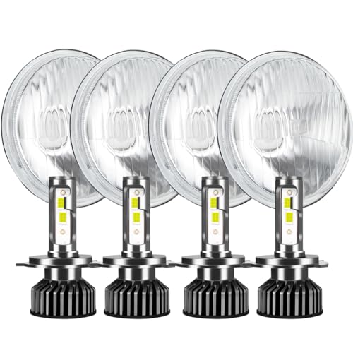 IHNZCB H5006 H5001 5.75 Inch Glass Round LED Headlight Housing + H4/9003 High Low Dual Beam Light Bulbs Sealed Beam Style Original Classic Look