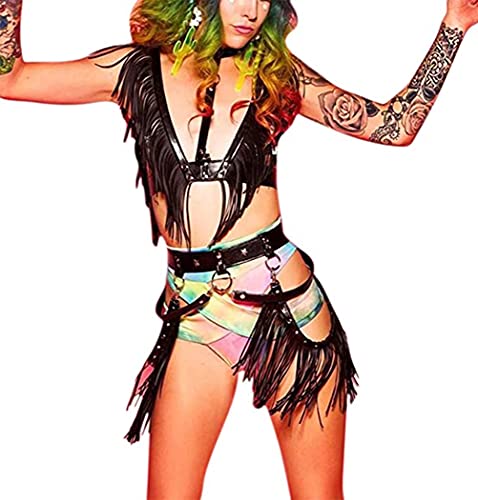 HUI GUO Women's Gothic Leather Tassel Body Leg Harness Garter Waist Belt Fringe Skirt for Music Festival Dance Party (Black), One Size