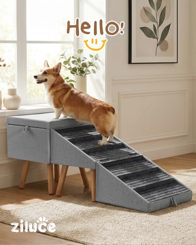 Image of Dog Ramp for Bed & Couch, Dog Stairs 21.06 inches High for Large /Medium /Small Doggie, Foldable 2 in 1 Wooden Pet Steps for Puppy Older and Injured Dogs, Split Ottoman Design, No-Slip Surface