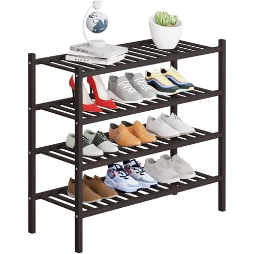 Buymoth 4 Tier Bamboo Shoe Rack Storage Organizer for Closet, Multifunctional Stackable Free Standing Shoe Shelf Organizer for Small Space,Entryway, Hallway, Bathroom27 x11 x26 (Brown, 4 Tier)