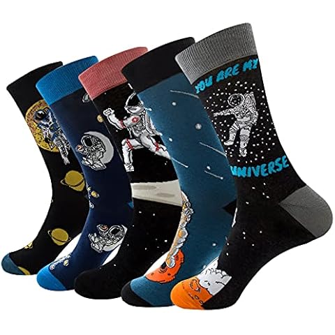 MEOKEY Men's Novelty Astronaut Astronomy Space Socks, 5 Pairs Colorful Cotton Rich Mid Calf Funky Dress Socks Multipack Size UK 6-11 Cover