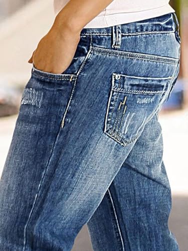 Flamingals Women's Straight Leg Mid Rise Vintage Wash Ripped Distressed Denim Jeans with Pockets4