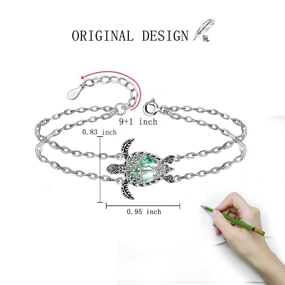 Cavigliera tartaruga in agata muschio, albero della vita, tartaruga, cavigliera da donna, in argento Sterling, oceano, spiaggia, mare hawaiano, gioielli regalo