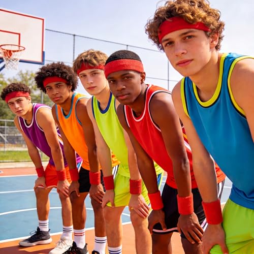 Image of Bememo 36 Pcs Neon Sweatbands Set Soccer Party Favors Cotton Headbands Wristband Sweat Bands Soccer Mom Essentials for Football Fans Sporting Events 80 90s Glow Party