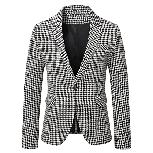 Mens Premium Houndstooth Plaid Slim Fit Tuxedo Prom Wedding Groom Suits Casual One Button Blazer Jacket Sport Coat