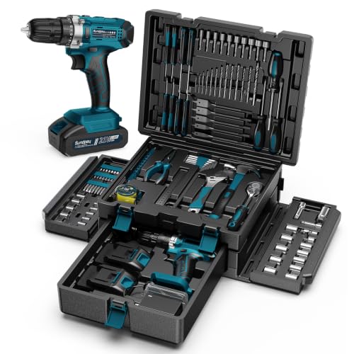 Sundpey Caja de Herramientas 256 PCS con Taladro Atornillador Bateria 21V