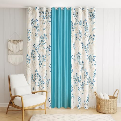Image of DEVSANG Polyester 2 Print and 1 Plain Curtains Set of 3, Aqua&White 9 Feet