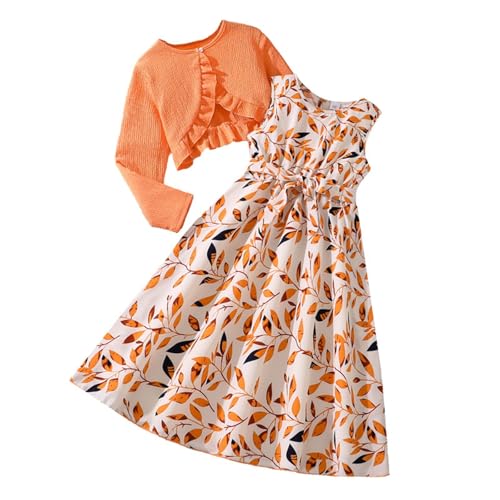 Girls Fall Dress&Cardigan Sets 2Pcs Kids Girl F𝐚llen Leaves Sleeveless Tunic Dress+Long Sleeve Ruffle Cardigan