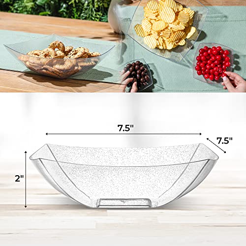 Posh Setting Square Plastic Serving Bowls, Medium Silver Glitter Plastic Serving Bowls, 4 Pack Plastic Disposable Party Snack, Buffet, Chips, Or Salad Bowl, Heavy Duty #TOP3