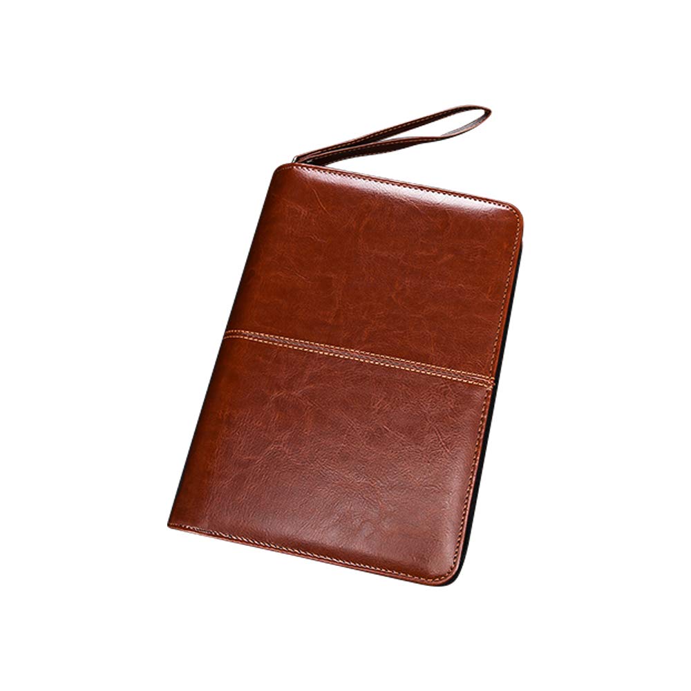 aooryA5 Zipped Business Leather Notebook Portfolio Conference Folder 120 Sheets Brown