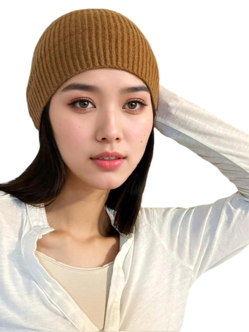 Prettystern Hipster Cashmere Wool Rib-Knit Beret Skullies Beanie Unisex Hat for Women Men Caramel Brown