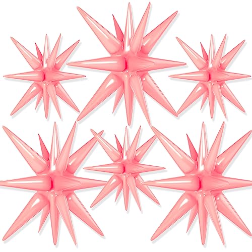 Image of PartyWoo Light Pink Star Foil Balloons 6pcs Different Sizes Pack of 27 22 Inch Explosion Spike Mylar Balloons for Birthday Gender Reveal Baby Shower Engagement Wedding Bachelorette Party Decorations