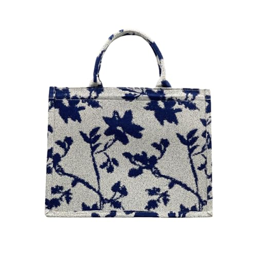 LAM GALLERY Bolsa de mão jacquard retrô bordada de luxo de grande capacidade, bolsa de linho de algodão para mulheres, Branco, azul