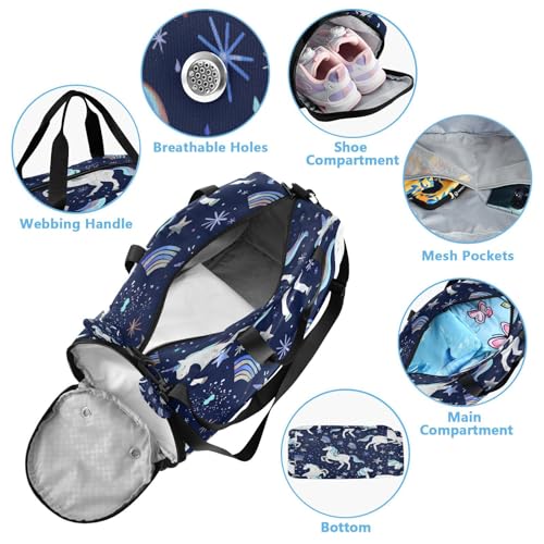Gym Travel Duffle Bag for Boys Girls Repeating White Unicorns Rainbows Pattern Sports Dance Bag with Shoe Compartment & Wet Pocket Football Kids Travel Bag Teens Sleepover Carry4