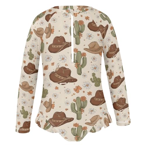 Cactus Cowboy Hat Pattern Girls Long Sleeve Swimsuit Rash Guard One Piece Bathing Suits Zipper 3-12T2