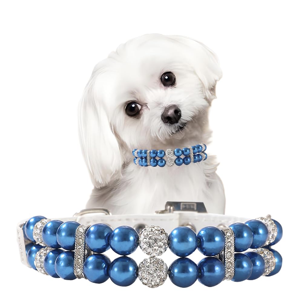 Blue Pearl Dog Collar, Fancy Crystal Glitter Dog Collar for Medium Dogs, Rhinestone Diamonds for Girls XXS XS Small Medium es Pet M