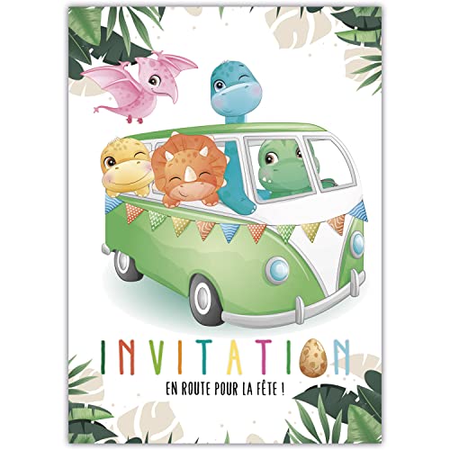 10 cartes invitation en Français avec enveloppes pour fête anniversaire Dino - Set Dinosaure rigolo tropical pour garçons et filles - kit Créatif et participatif pour enfants - Marque Lola et Louis® Cover