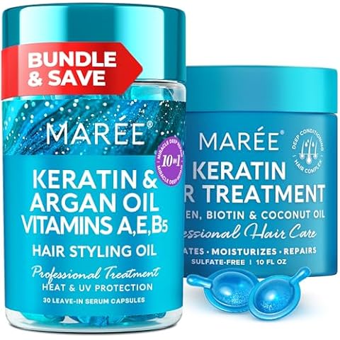 MAREE Hair Care Bundle - Hair Styling Capsules, Deep Hair Mask & Conditioner - Keratin, Jojoba & Argan Oil, Coconut Oil & Keratin - Leave-in Anti Frizz Conditioner & Deep Conditioning Hair Mask Cover