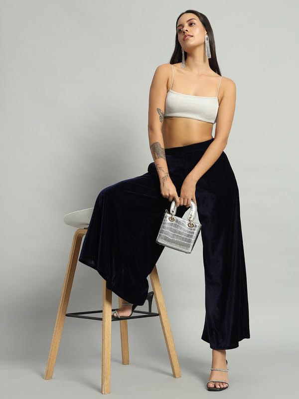 Image of Vaararo Party Trousers for Women | Shiny Velvet Fabric Wide Bottoms Stylish Palazzo Pants