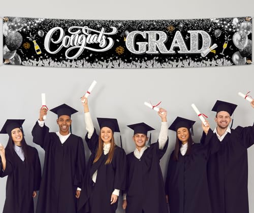 Image of 2026 Graduation Decorations-Black and Silver Congrats Grad Yard Sign Banner Decoration for Class of 2026 Graduation Party Supplies