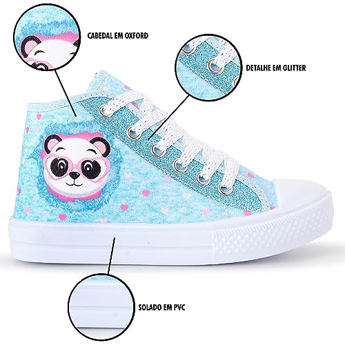 Tênis Infantil Feminino Casual Panda Menina Botinha Glitter (AZUL CANO ALTO, BR, Criança de 4 a 8 an