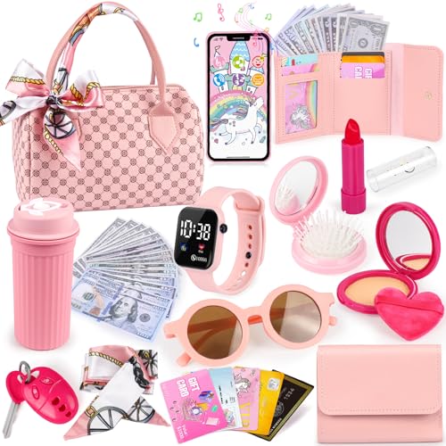 Oisacirg Play Purse for Little Girls, 32PCS Toddler Purse with Pretend Makeup for Kids, Princess Toys Includes Handbag, Phone, Wristwatch, Silk Scarf Kids Toy Purse Birthday Gift for Girls 3 4 5 6 +