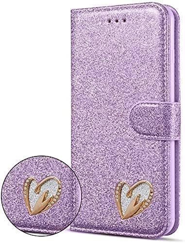 For Samsung Galaxy S21 FE Case, DN-Technology S21 FE Phone Case, Heart Diamond Glitter Case for Girls, Designer Wallet For Women, Sparkly Phone Cover Flip Phone Case for Galaxy S21 FE 5G (PURPLE)