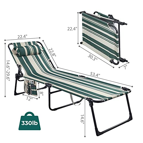 Praisun Folding Lounge Chair For Outside, Chaise Lounge For Outdoor, Tanning Chair With 5-Position Backrest, Sun Lounger Chair With Detachable Pillow, Fabric Bag, For Pool, Garden - Green Stripe #TOP5