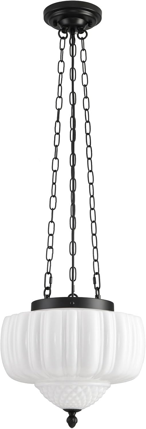 Milk Glass Pendant Light, 14" Schoolhouse Light Fixture, Ceramic Pendant Lighting for Kitchen Island, Vintage Art Deco Chandelier for Bedroom, Dining Room, Hallway, 3*E26 Bulbs Included, White