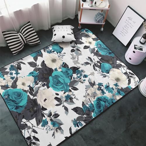 Tapis de roses bleu sarcelle anti-usure en velours doux - 4