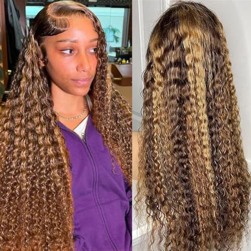 Image of LAINSS Highlight 13x6 Deep Wave Lace Front Wigs Human Hair 4 /27 Ombre Curly HD Transparent Lace Frontal Wig Pre Plucked Glueless Wig human hair 210% Density Wet and Wavy Curly Wigs 18 Inch