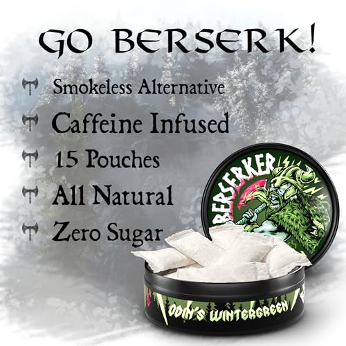 berserker energy pouches - odins wintergreen - caffeine infused - 100mg per pouch - 10 pack - tobacco amp nicotine free - energy drink replacement