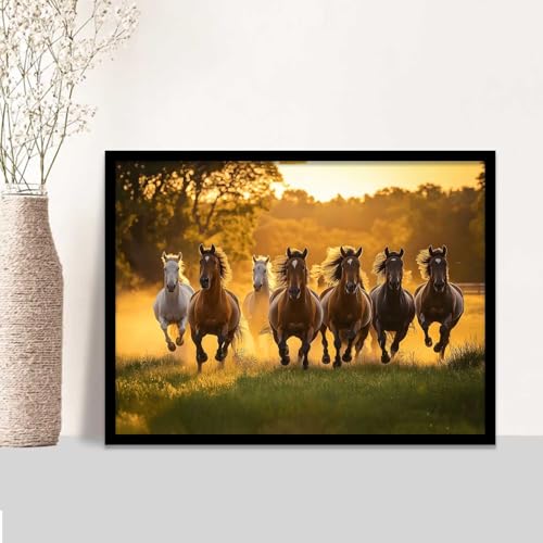 Image of HOTHOUSE Seven Running Vastu Lucky Horse | 7 Horses Vastu Frame Wall Art Painting for Living Room Bedroom Office Home Decor Rising Sun Painting Wall Decor Size (13X17 inch)