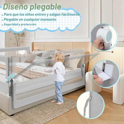 Miniatura 3 de Tubiaz Barrera Para Cama De 150 Cm, Protección Contra Caídas, Plegable 180 Grados, Altura Ajustable 72-86 Cm, Rejilla Para Cuna Con Patas Trapezoidales Y Correas De Fijación, Gris