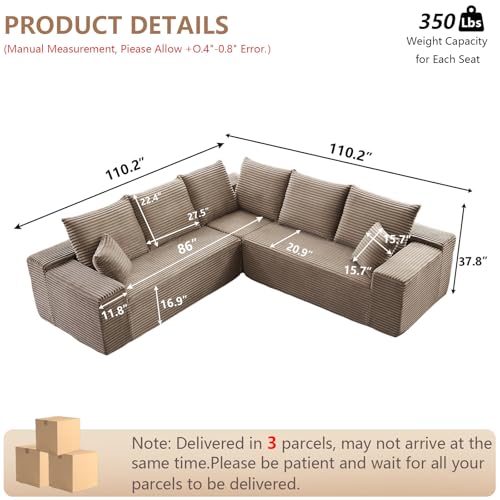 Image of Oversized Modular Sectional Sofa Couch, Large 5 Seater Corner Sofa Modern V Shaped Sectional Couch Cloud Couches for Living Room, Office, Spacious Space, Corduroy, No Assembly Required, Camel