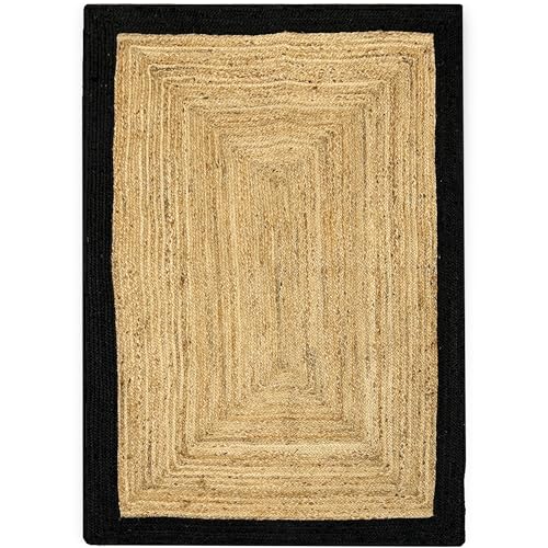 Image of Flatweave Area Jute Rug 3x5 Hand Woven Jute Rug Thick 0.27'' Black & Beige Border Rugs for Dining Room Kids Room Yoga Mat Home Design Carpet